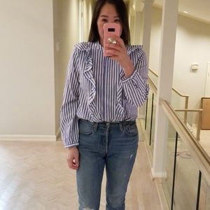 Madewell blue striped ruffle button up.